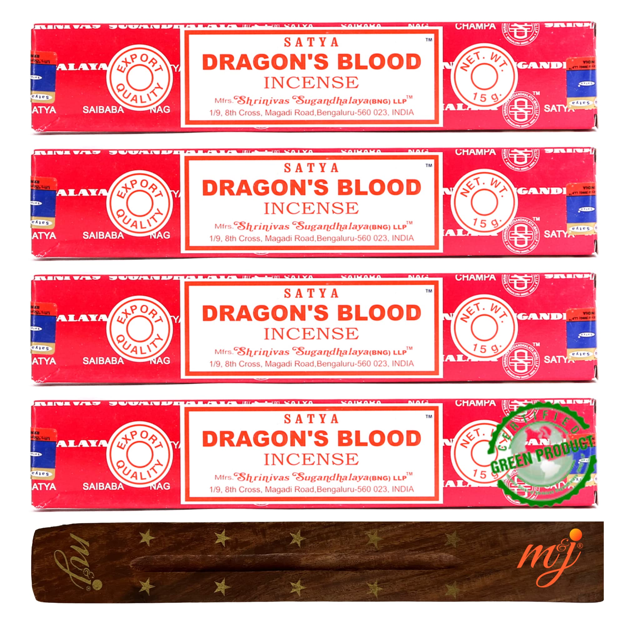Original Satya Nag Champa Dragon's Blood Incense Sticks | with M&J incense sticks holder | x4 pack | for Aromatherapy, Spa, Yoga, Weddings, Meditation, Healing, Positivity and Relaxation