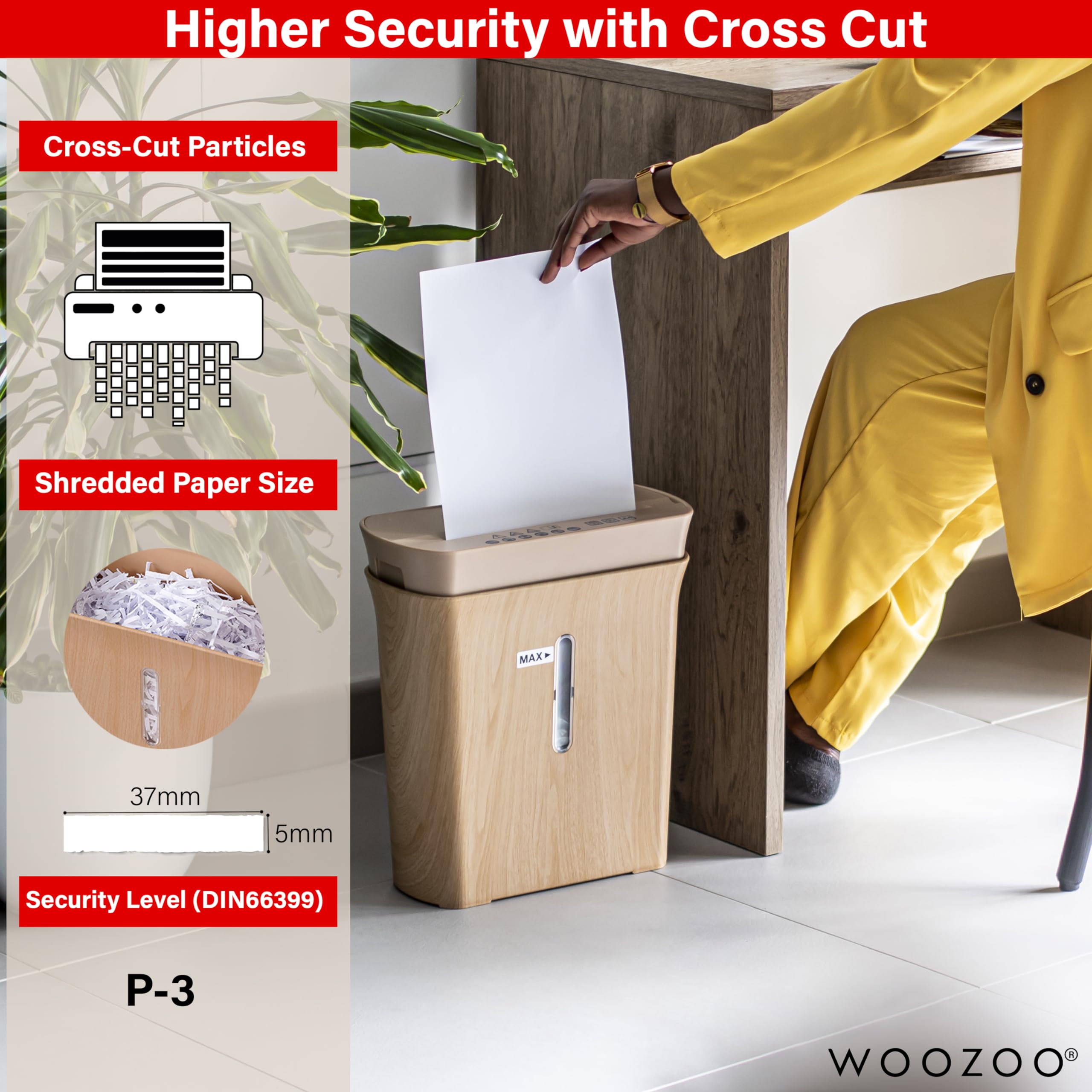 Woozoo, Distruggi documenti/distruggi carta, 8 fogli, Tecnologia trasversale, Cestino da 8,9 l, Carta A4 - Personal Shredder Cross Cut P8GCD - Colore del legno