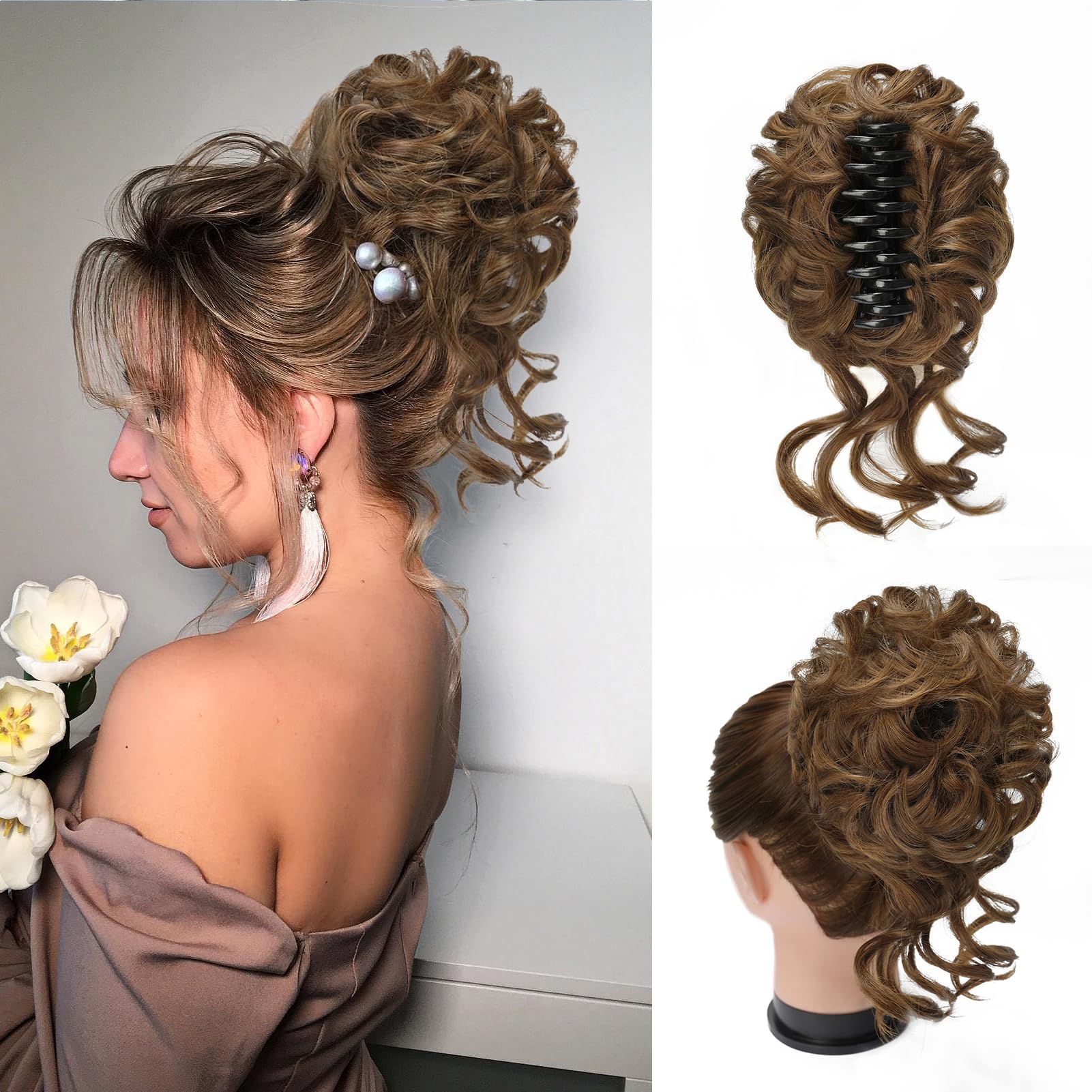 Foaoit Claw Clip Messy Bun Hair Pieces for Women Messy Wavy Curly Hair Bun Extensions Tousled Updo Bun Hair Clip in Synthetic Hair Bun Ponytail