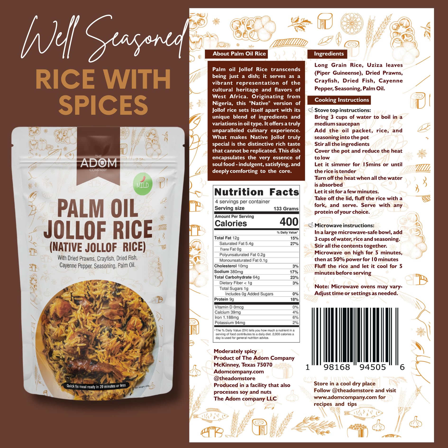 THE ADOM COMPANY - Authentic Native Jollof Rice Mix, Ready-to-Cook, Richly Spiced, All-Natural, No Preservatives, 20-Min Meal, Perfect for Family & Parties, 430g (Mild)