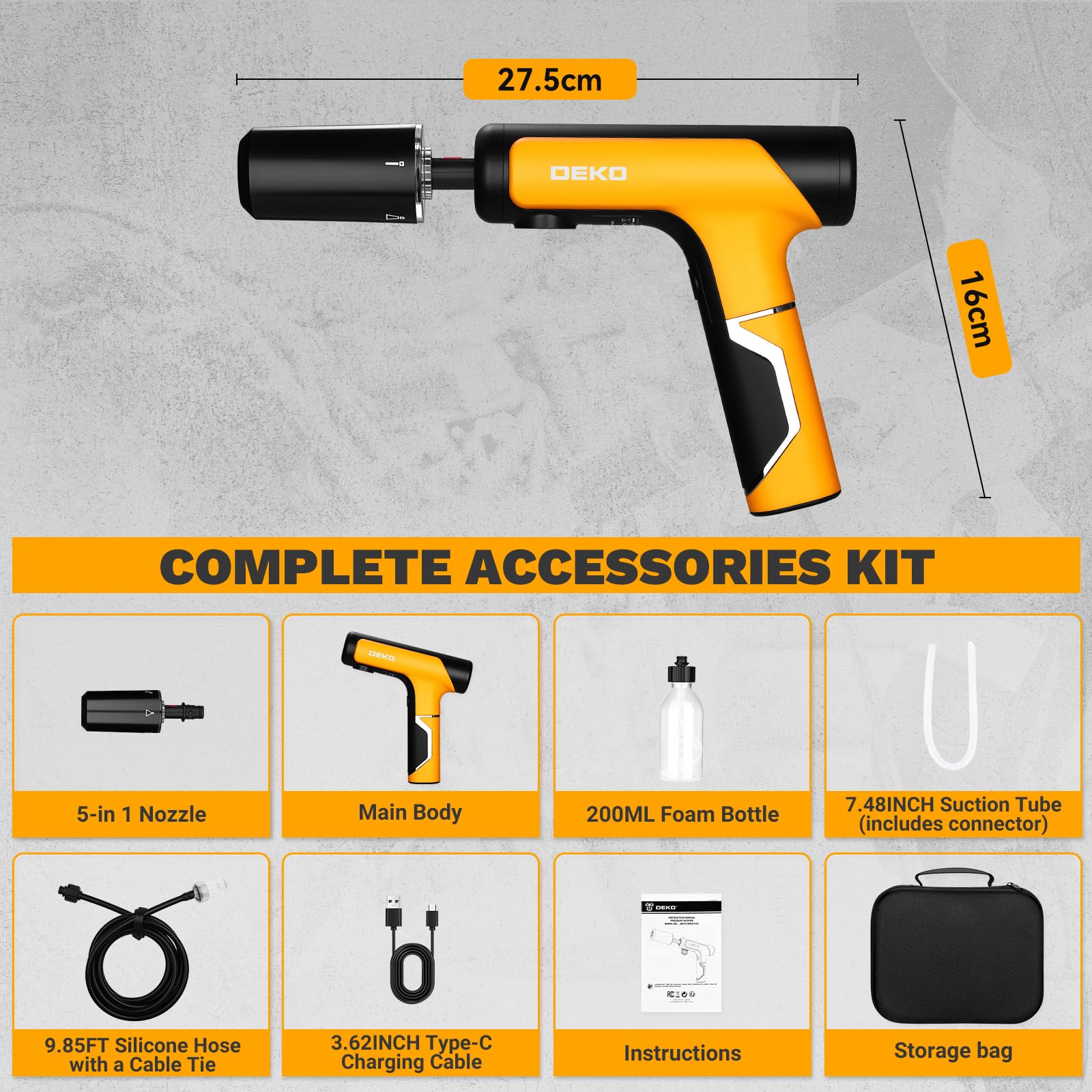 DEKO Idropulitrice a Batteria Portatile 7.4V: 130PSI 2000ml/min, 5 Modalità Spruzzo, Pistola Idropulitrice per Lavaggio Auto, Giardino, Campeggio, Pavimenti e Animali Domestici