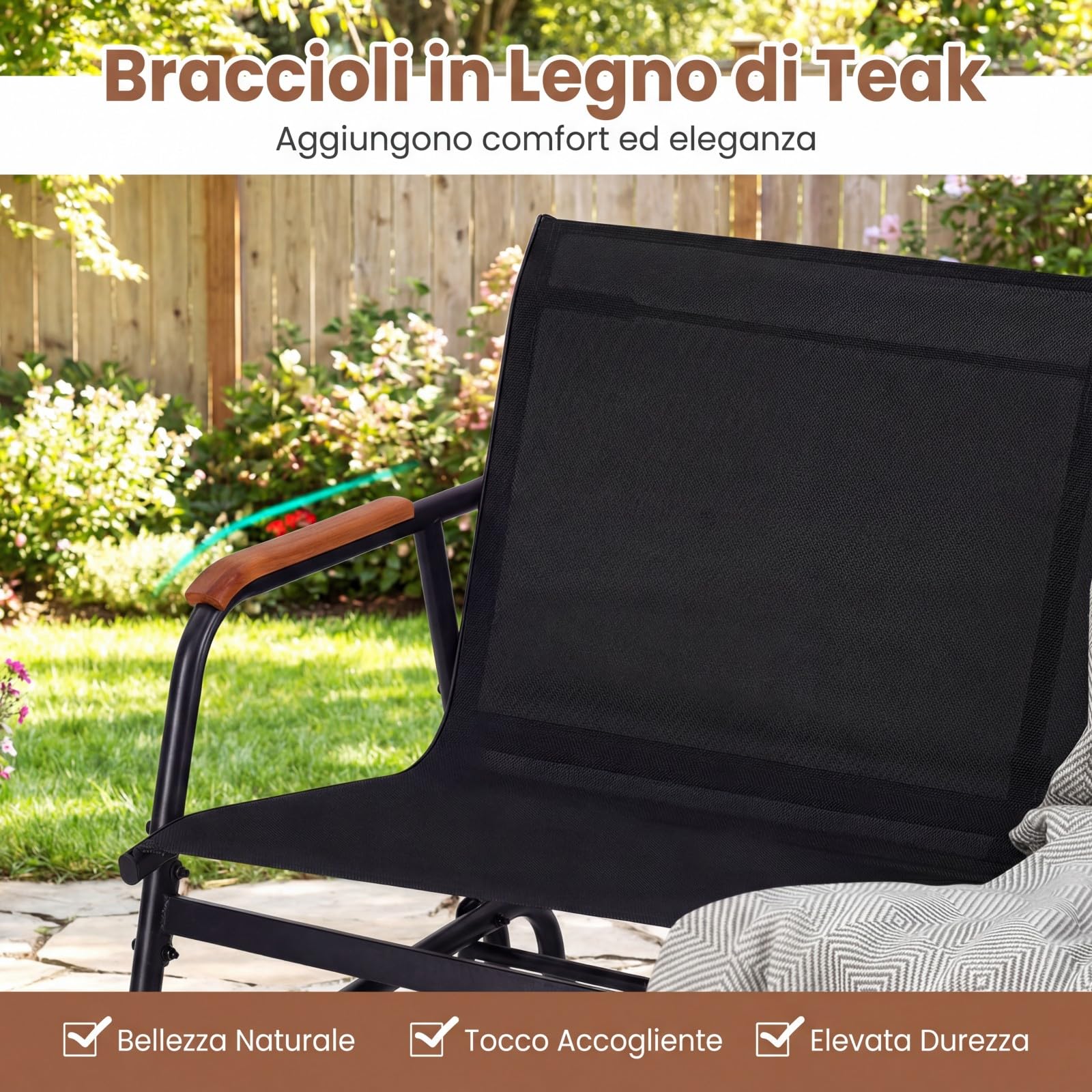 COSTWAY Panca a Dondolo da Esterno, Panchina a 2/3 Posti da Giardino con Movimento Oscillante, Braccioli Curvi in Legno, Sedia a Dondolo per Veranda, Giardino, Portata 300KG/450KG (Nero, 2 Posti)