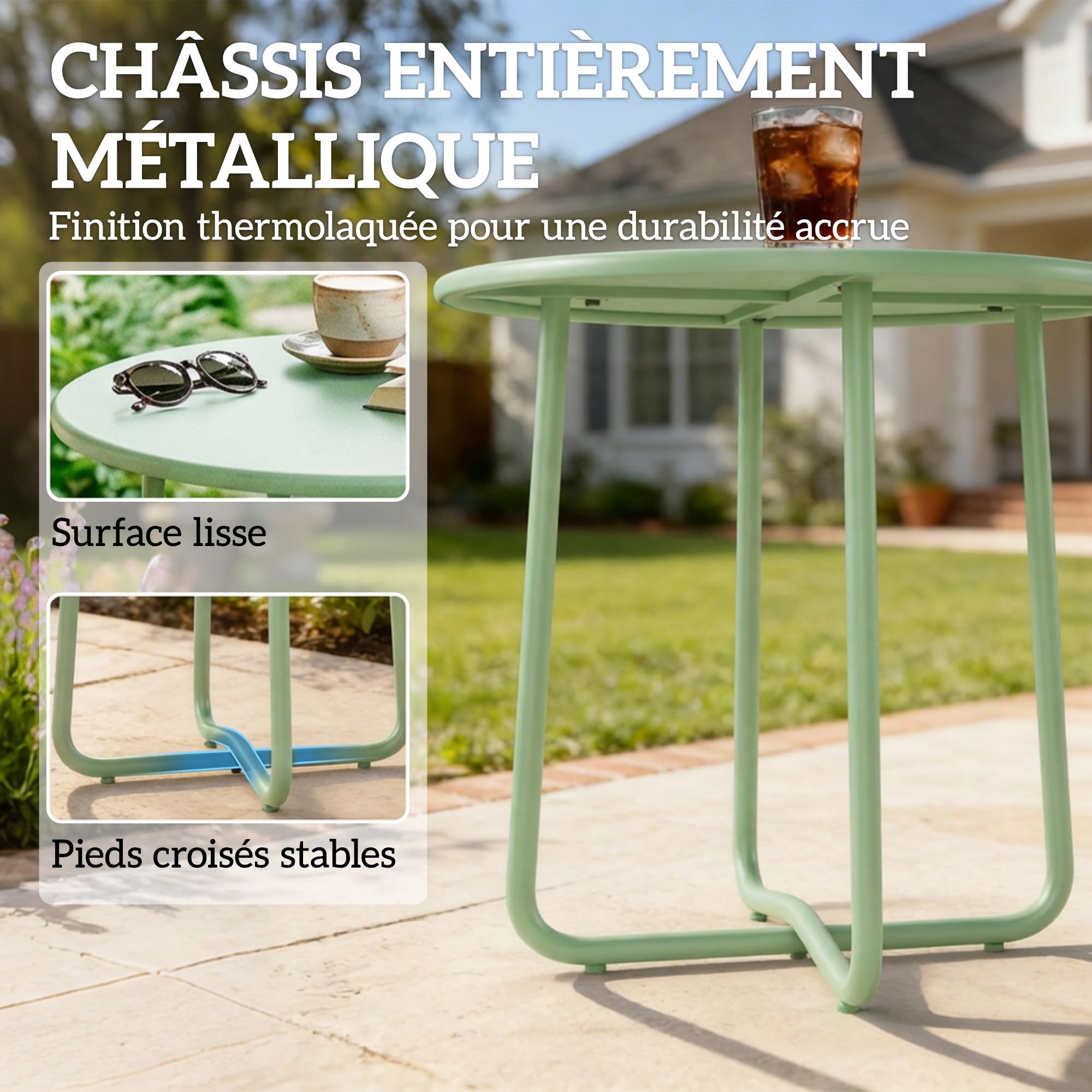Outsunny Table Basse Extérieure avec Bord Enroulé, Table de Jardin Ronde Base en X avec Pieds Réglables en Hauteur, pour Intérieur Salon Terrasse Balcon, Métal, Ø 48 x 51 cm, Vert
