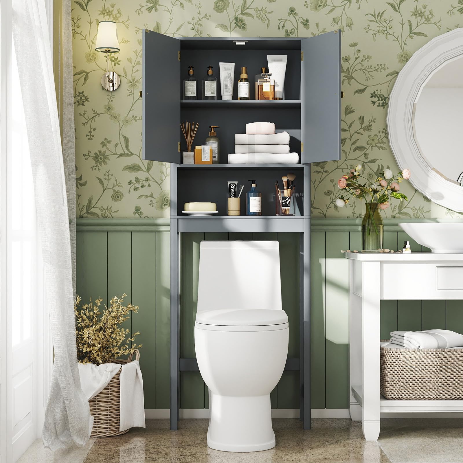 COSTWAY Mobile Bagno Sopra WC, Scaffale per Lavatrice Salvaspazio con 2 Ante, Mensola Aperta e Ripiano Regolabile, Armadietto Sopra Gabinetto in Legno, 60 x 23 x 168 cm (Grigio)