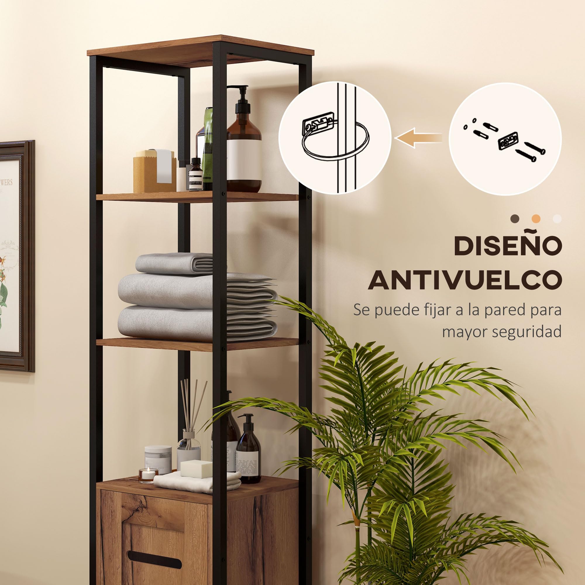 kleankin Armario de Baño Alto con Puerta de Lamas, Estantes Ajustables y Compartimentos Abiertos, Columna de Baño Estrecha, Marco de Acero, 37x30x167 cm, Marrón Rústico
