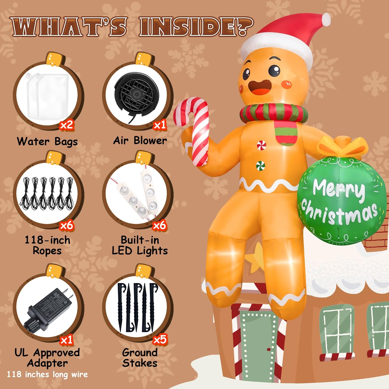 11FT Christmas Inflatable Outdoor Decoration, Climbing Gingerbread Inflatable Blow up Yard Decorations with LED Lights, Giant Gingerbread Christmas Inflatable for Roof Lawn Garden Xmas Party