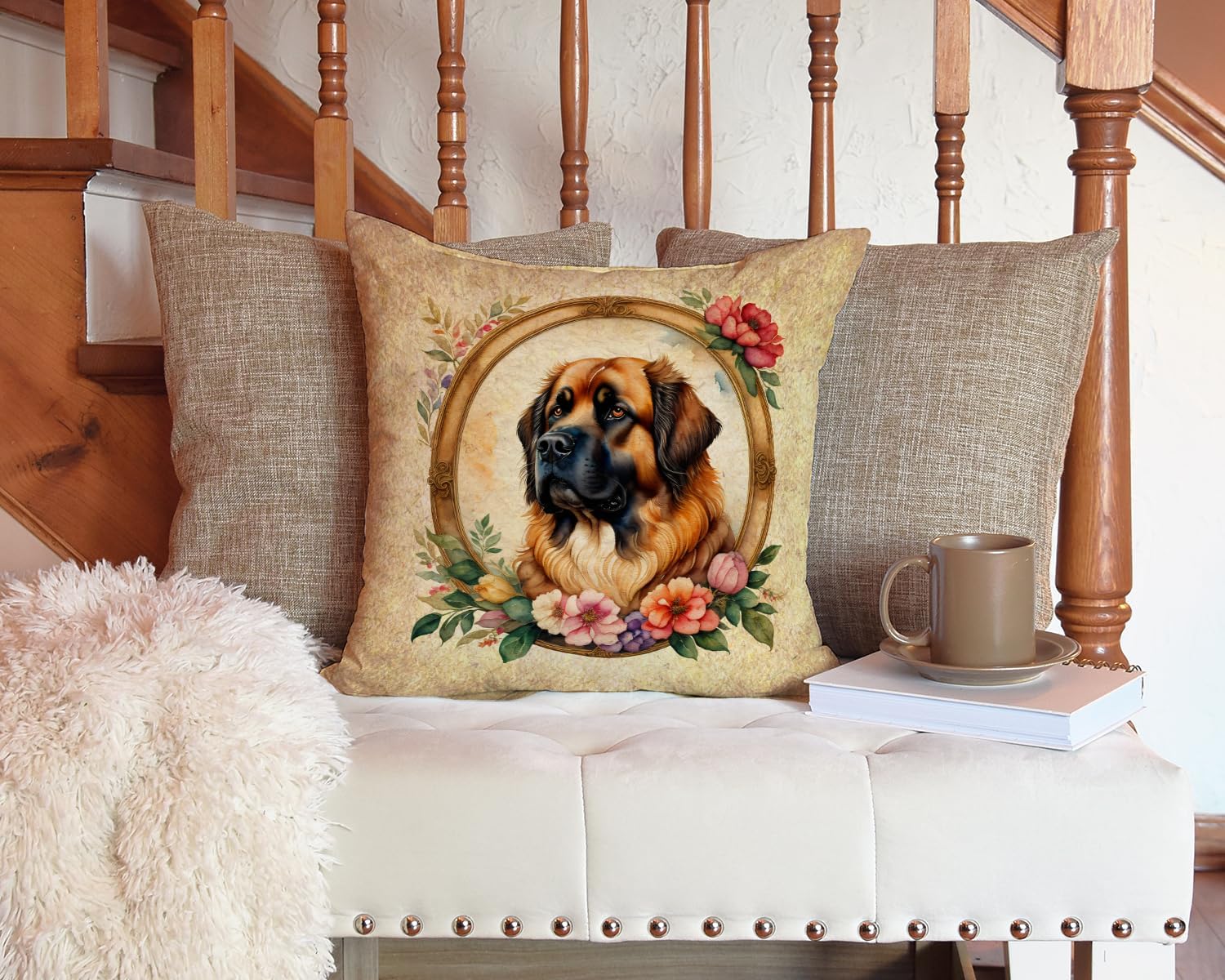 Caroline's Treasures DAC2168PW1414 Leonberger and Flowers Fabric Decorative Pillow Machine Washable, Indoor Outdoor Decorative Pillow for Couch, Bed or Patio, 14Hx14W