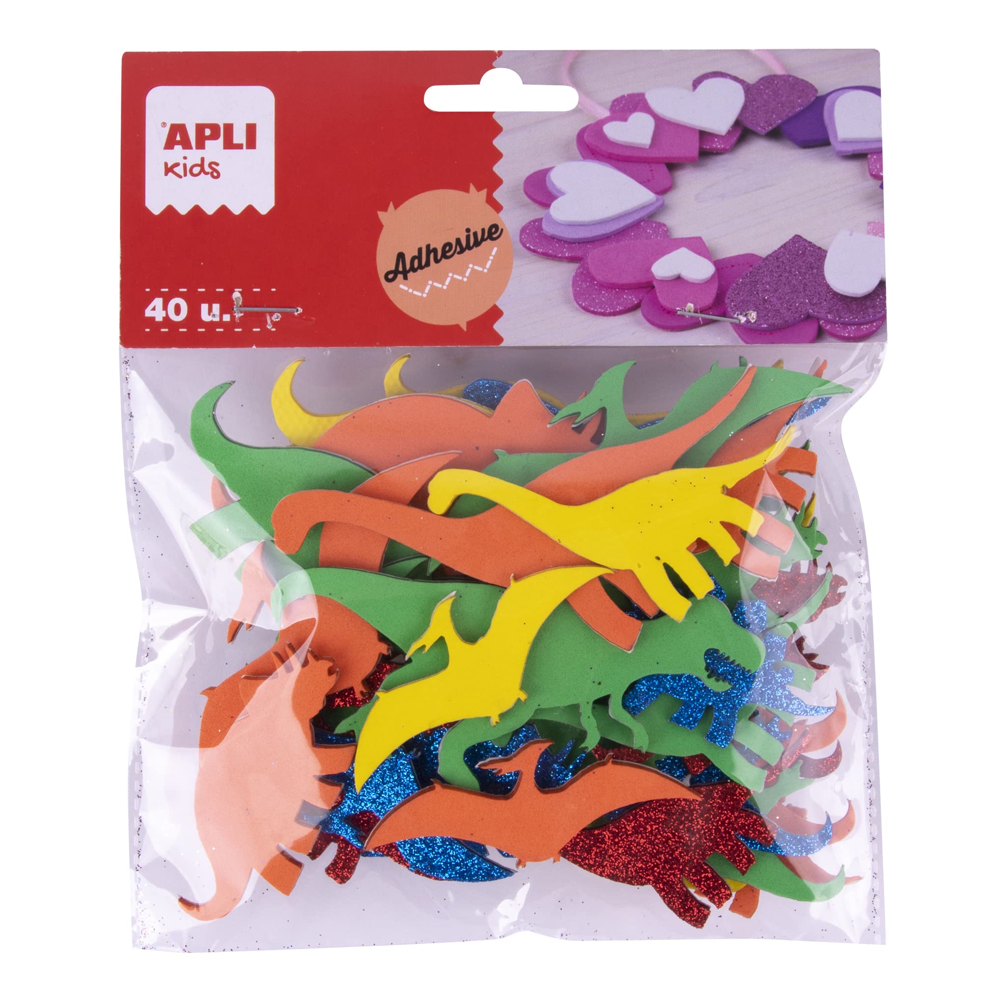 APLI Kids 18972 - Dinosaurios de goma EVA adhesiva de colores surtidos - 40 dinosaurios de formas surtidas para manualidades