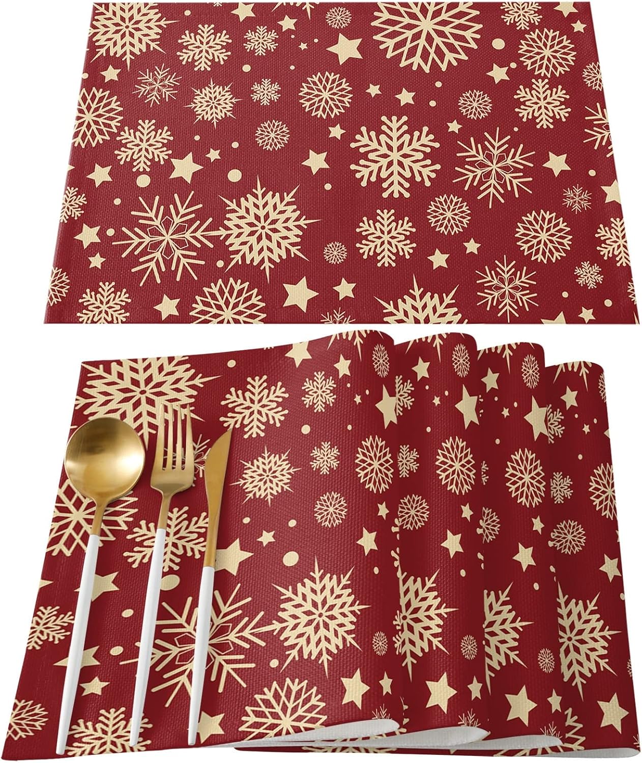 CheeseandU 4Pcs Christmas Snowflakes Placemats Dark Red & Gold