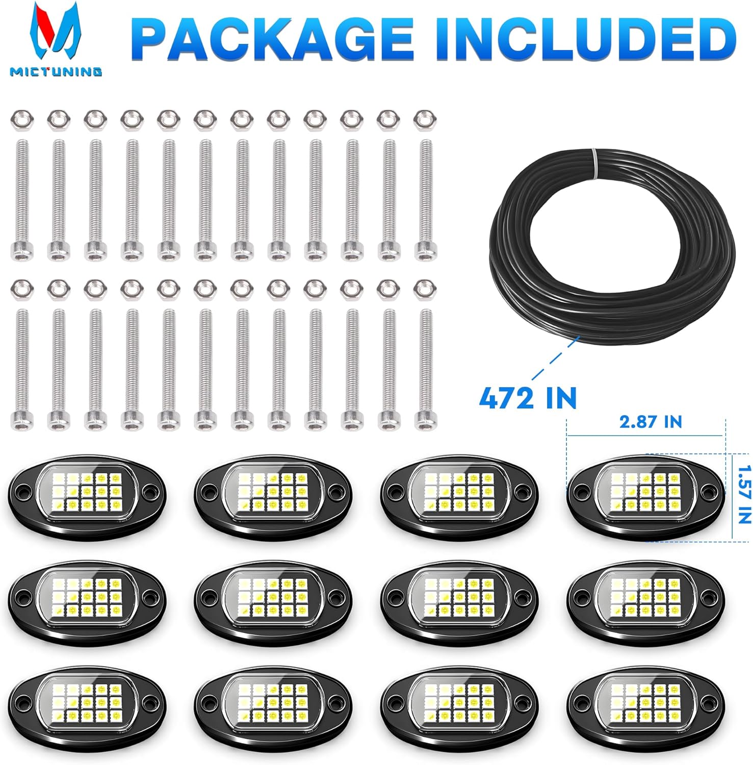 MICTUNING 2026 Upgraded White Rock Lights Super Bright Underglow Lighting Kit - 180 LEDs 12 Pods Pure White Led Rock Light, Extensible Underbody Lights for Trucks ATV UTV Boat