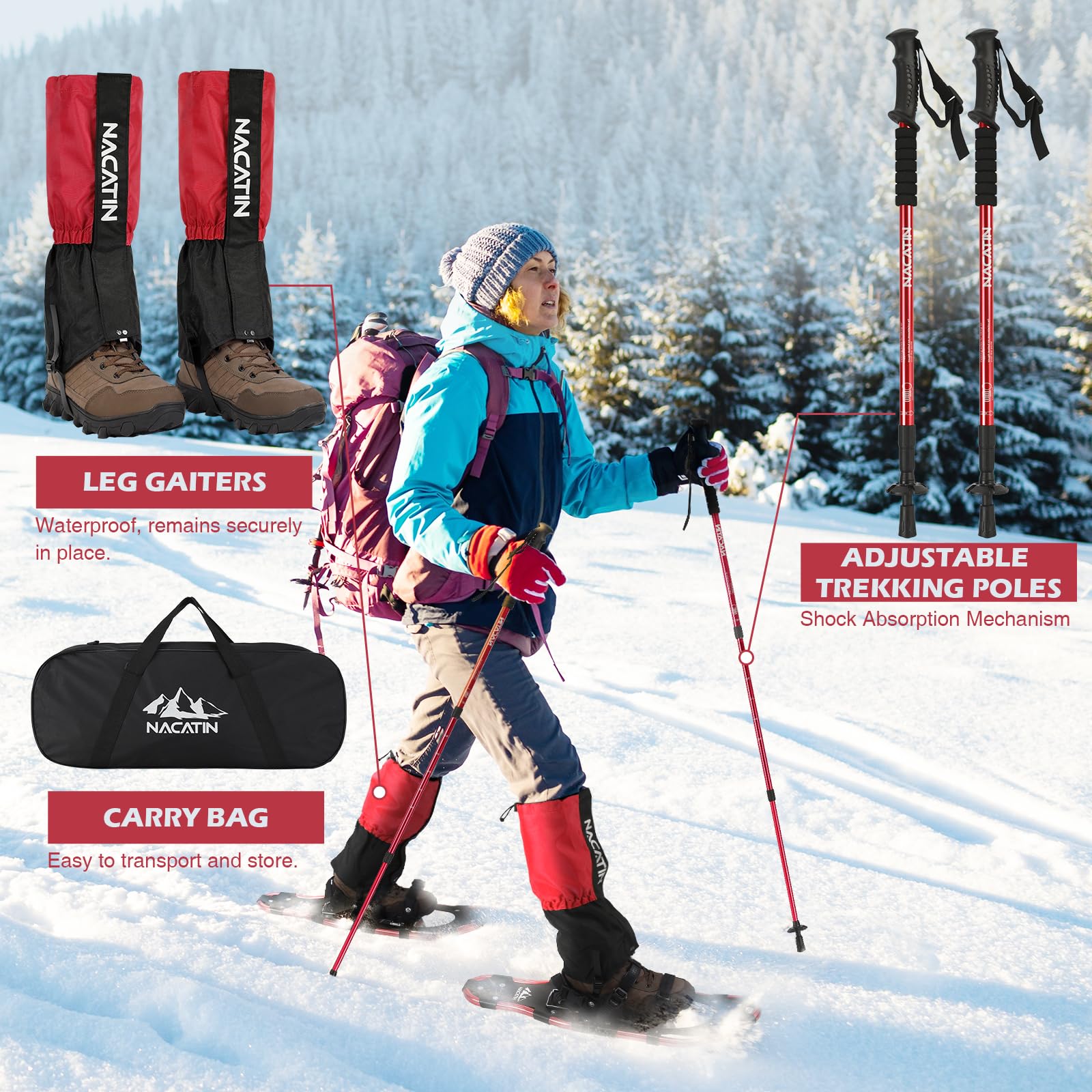 Kit de Raquettes à Neige 4 en 1 pour Hommes, Femmes et Jeunes, Raquettes en Aluminium Légères avec Bâtons Réglables, Guêtres Imperméables, Sac de Transport, Tailles 53cm/63cm/76cm