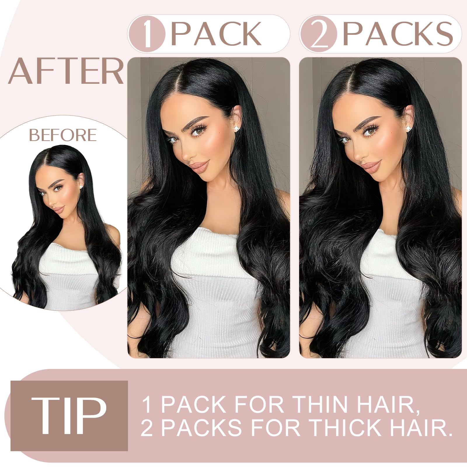 20"(50cm) SEGO Extensiones de Clip de Pelo Natural Una Pieza GRUESA con 5 Clips [#1 Negro Intenso] Remy Cabello Humano Liso (95g) - 2