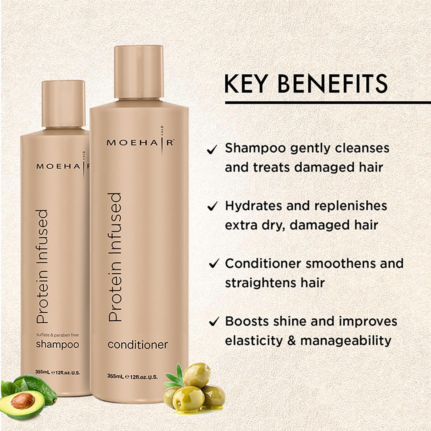 MOEHAIR Protein-Infused Shampoo and Conditioner Set for Dry, Damaged Hair