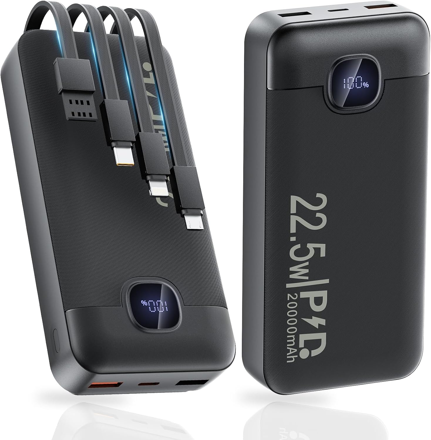 portable charger with 4 built-in cables, 20000mah power bank,22.5w pd fast charging with usb-c in/out, led display battery pack slim travel essential compatible with iphone, samsung, android, ipad etc black