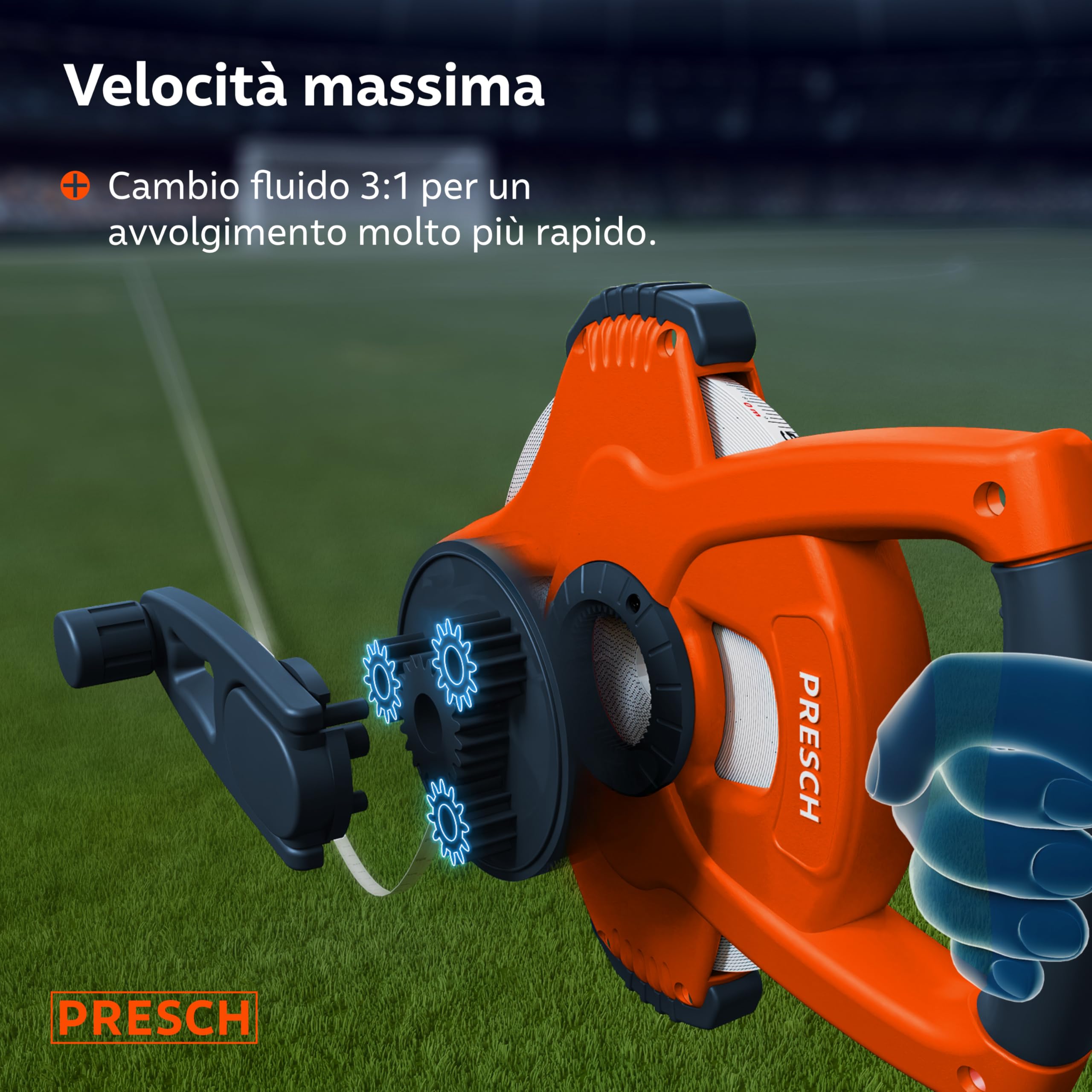 Presch Metro a Nastro 50m – Ritorno Rapido 3:1 – Rotella metrica 50 metri in Fibra di Vetro Resistente – Blocco a Manovella – Presa Sicura con Gancio Multifunzione – Bindella per Uso Professionale