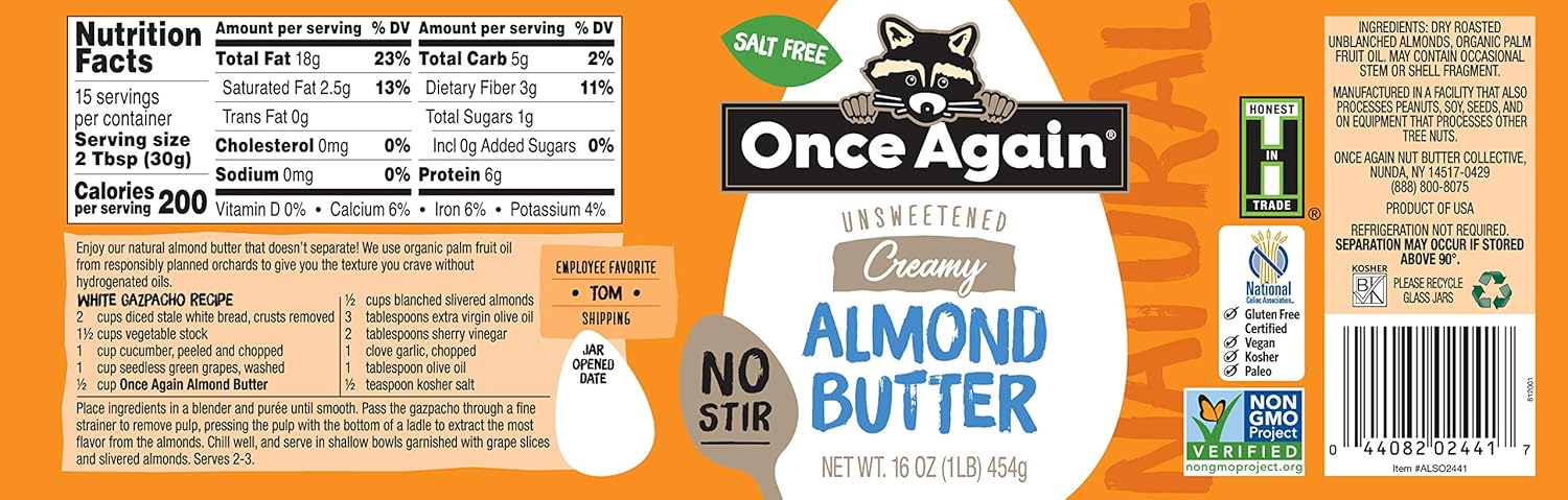 Once Again 2PK Natural Creamy Almond Butter, 16oz - No Stir - Salt Free, Unsweetened - Gluten Free Certified, Peanut Free, Vegan, Kosher, Paleo - Glass Jar