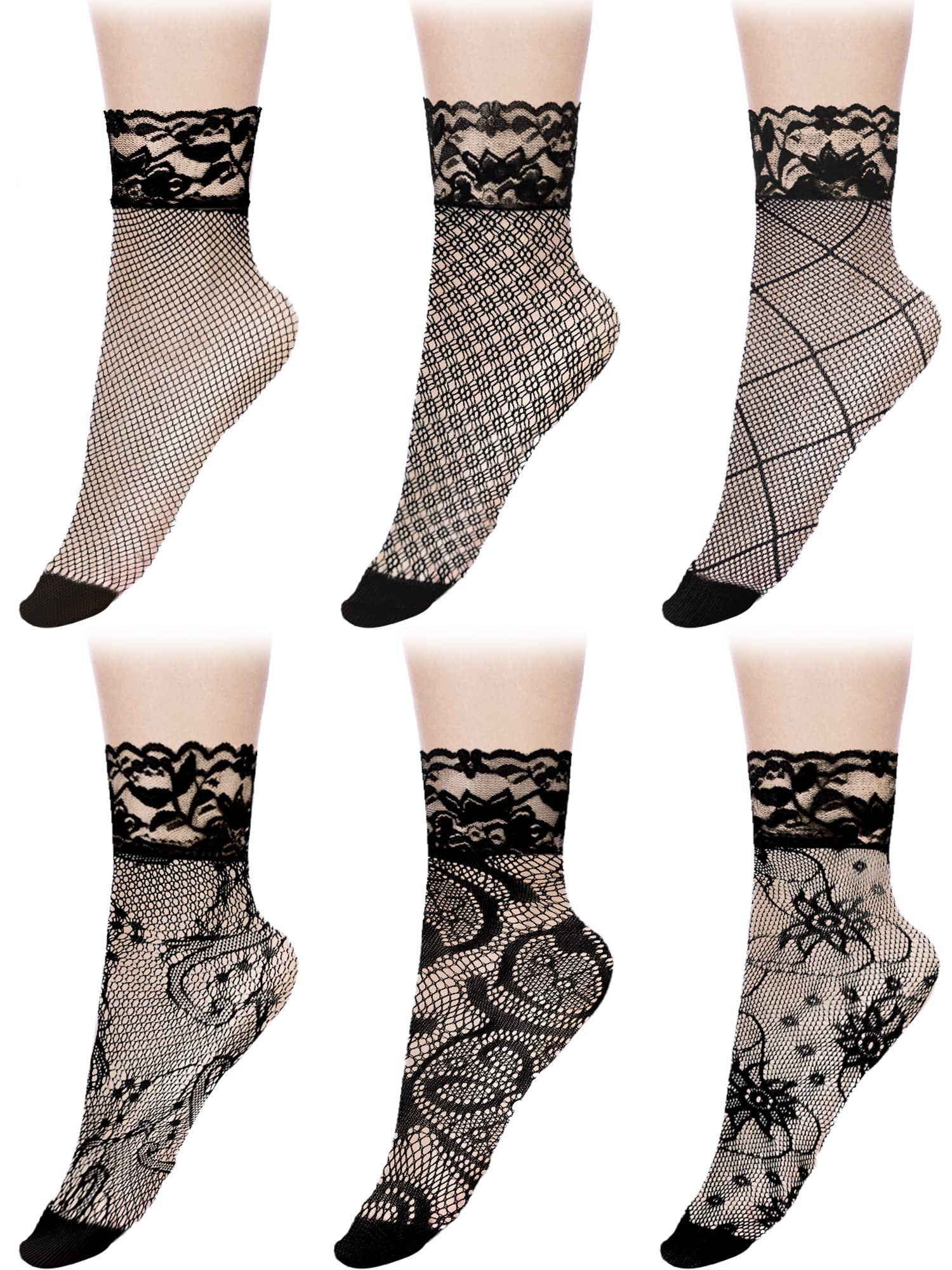Geyoga 6 Pairs Women Fishnet Ankle Socks Sheer Mesh Lace Side Short Socks Fishnet Socks Foot Stockings, 6 Styles