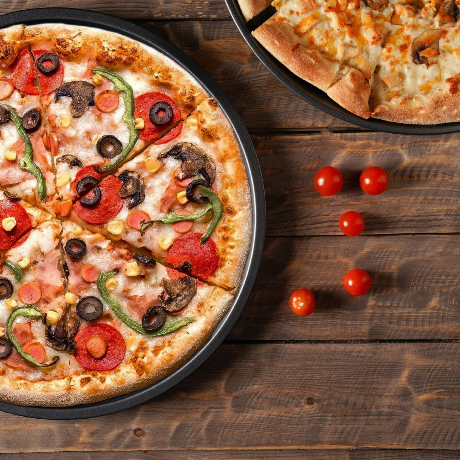 Lot de 6 plaques à pizza rondes de 33 cm - Antiadhésives - Avec trous - En acier carbone noir - Pour pizzas, biscuits, pains, tartes