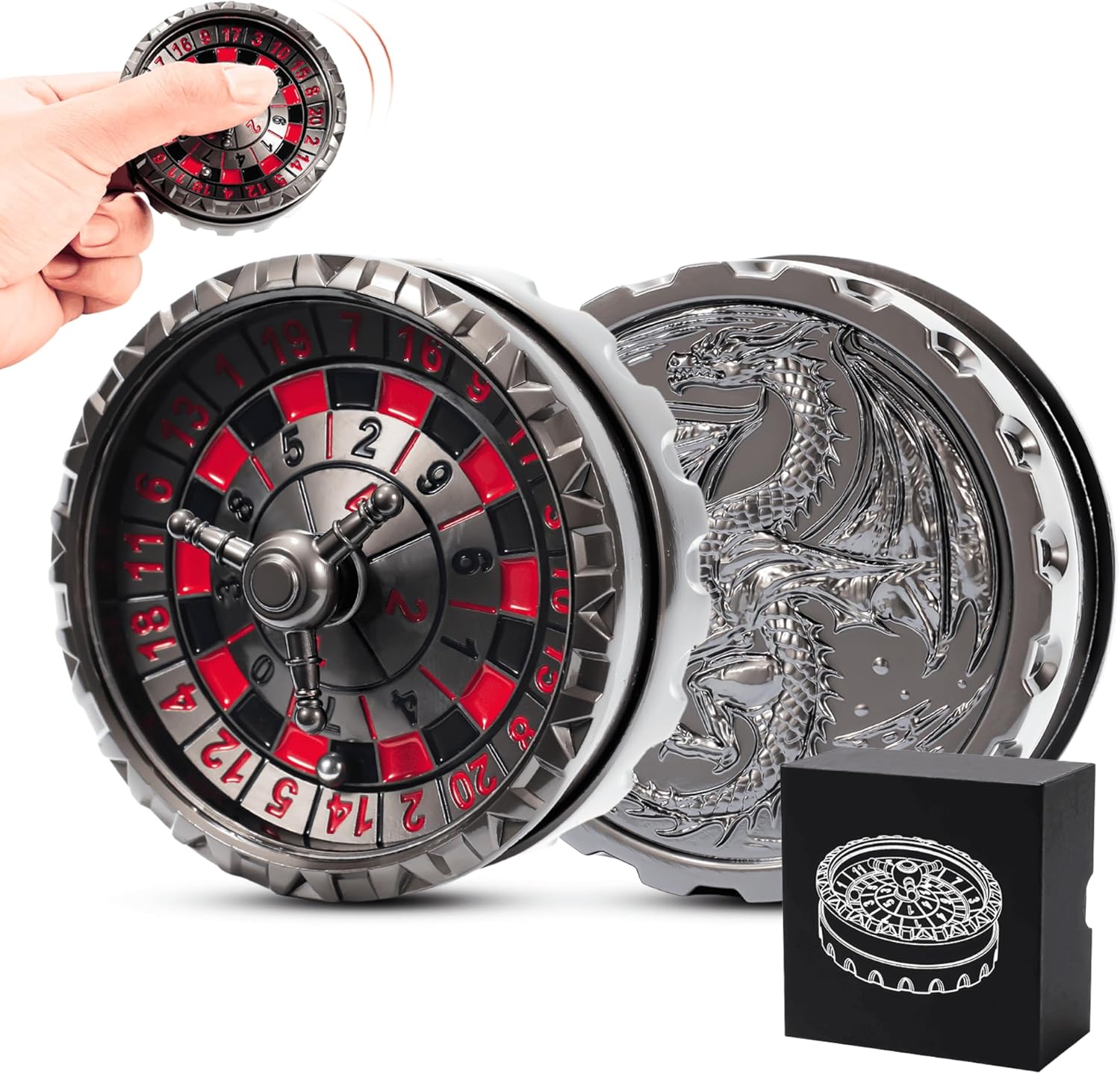 Froggod Roulette Dice Spinner – 1pc Metal DND Spinner with 3D Relief | Mechanical DND Dice with Gorgeous Gift Box for Rolling Game(D20 Black Red Blue)