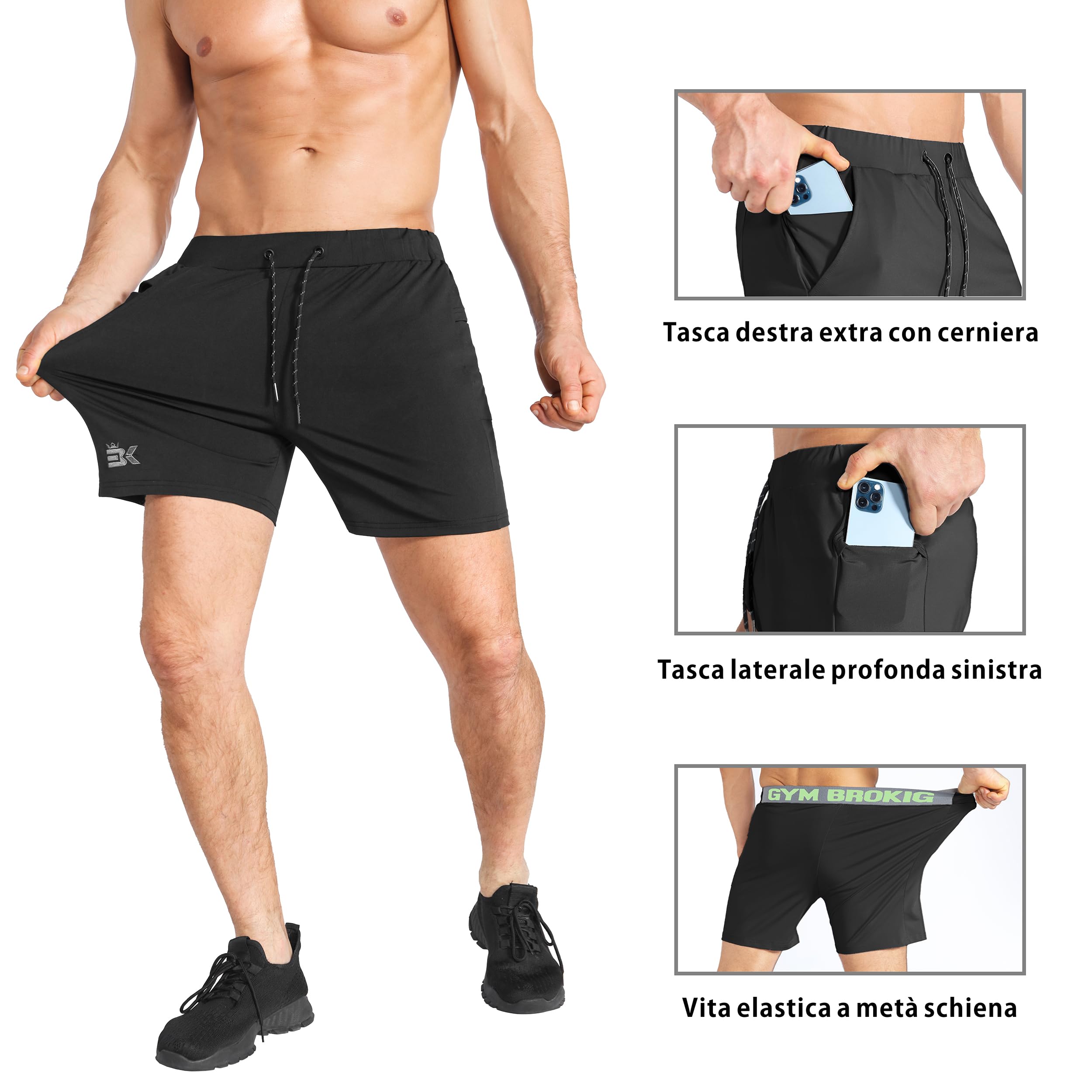 BROKIG Leggero Pantaloncini Sportivi da Uomo, Pantaloncini da Corsa Uomo Corti Palestra Allenamento Fitness Shorts