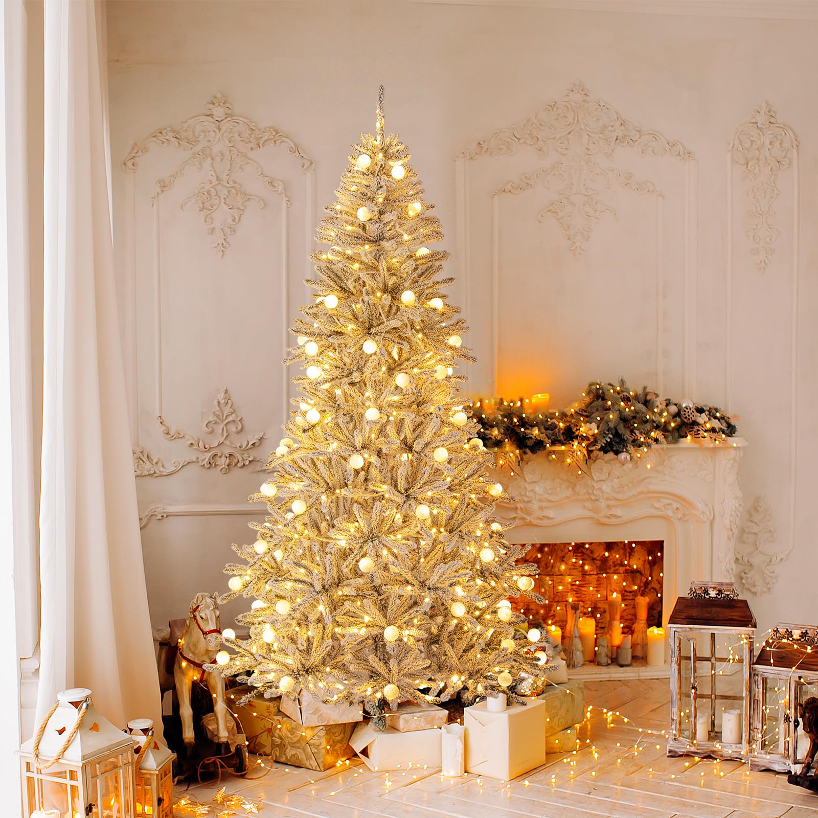 RELAX4LIFE Árbol de Navidad Nevado con 250/350 Luces LED Blancas Cálidas, 3 Modos de Iluminación, 637/905 Ramas, Control Remoto, Árbol de Navidad Plegable para Hogar, Oficina, Fiesta (210 cm)