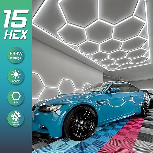 Miniatura 5 de Luz LED hexagonal para garaje, 6500 K, luz hexagonal de 15 luces hexagonales con borde rectangular para garaje, taller, almacén, 60600 lúmenes,