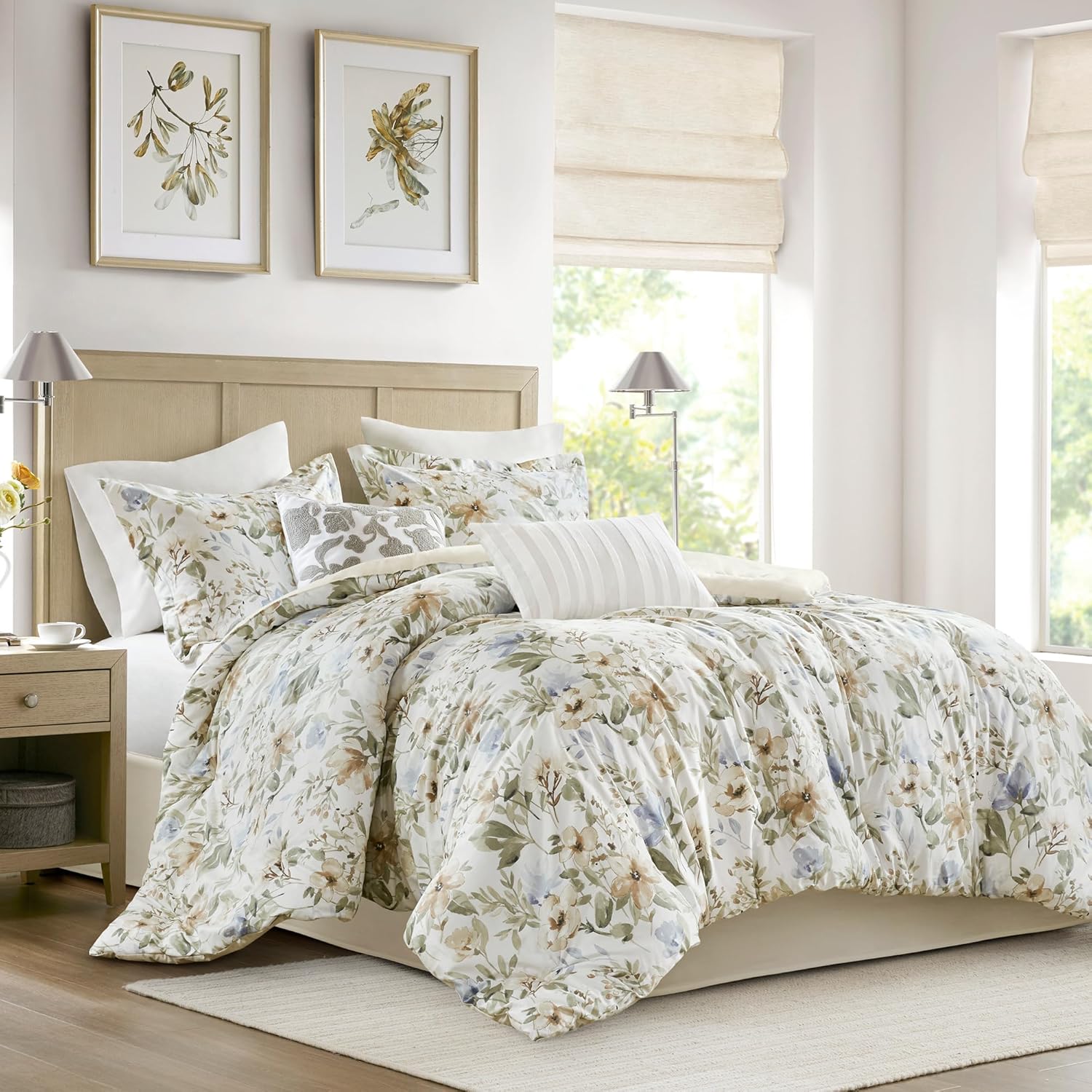 Harbor House King Comforter Set Watercolor Floral Print, 300TC Sateen Cotton Comforters, All Season Oversized Comforter, Shams, Bed Skirt, Décor Pillows, King, Multi, 6 Piece Multicolor King