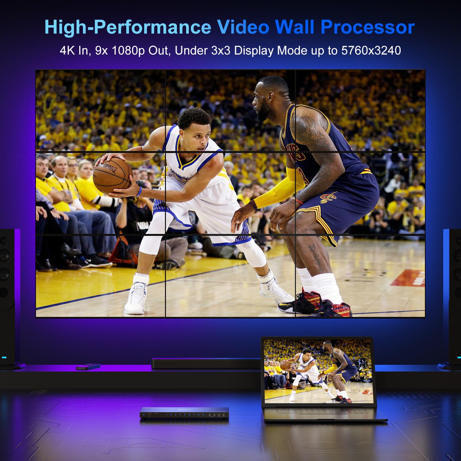 Video Wall Controller 3x3 4K, PORTTA HDMI Video Wall Processor avec 19 Splicing Modes, RS232, 180° Rotate, Audio Extractor, 3x3, 3x2, 2x3, 2x2, 4x2, 2x4, 1x2, 2x1, 9 TV Screens Into 1 Wall Display