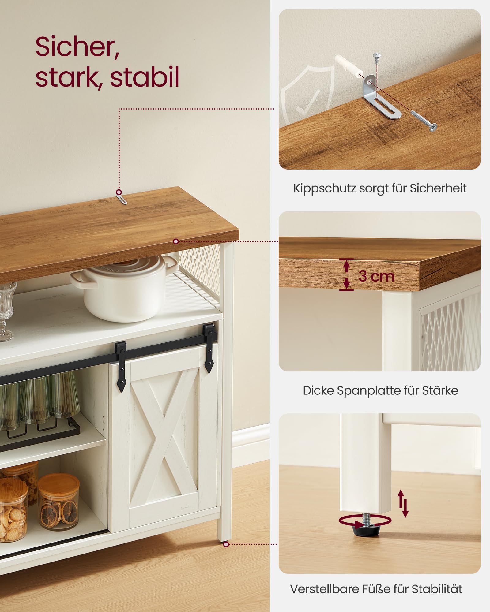 VASAGLE Sideboard, Küchenschrank, Aufbewahrungsschrank, mit 2 Schiebetüren, 33 x 100 x 80 cm, verstellbare Ablagen, für Wohnzimmer, wolkenweiß-honigbraun LSC092W01