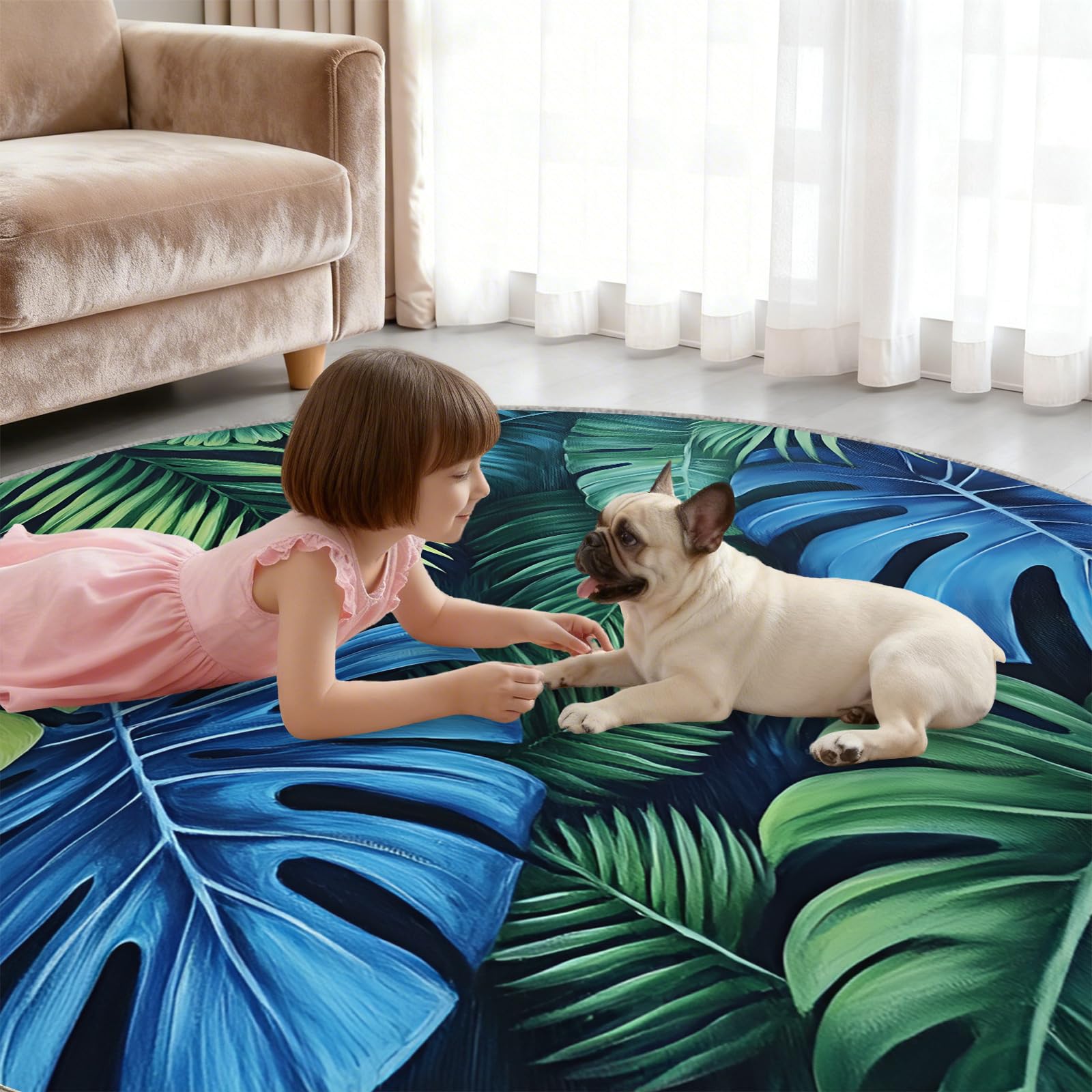 Tapis rond tropical vert foncé Palm Tapis circulaire de 6 pi | Tapis Jungle Boho pour chaise, lavable, motif feuilles de Monstera antidérapant et à poils courts