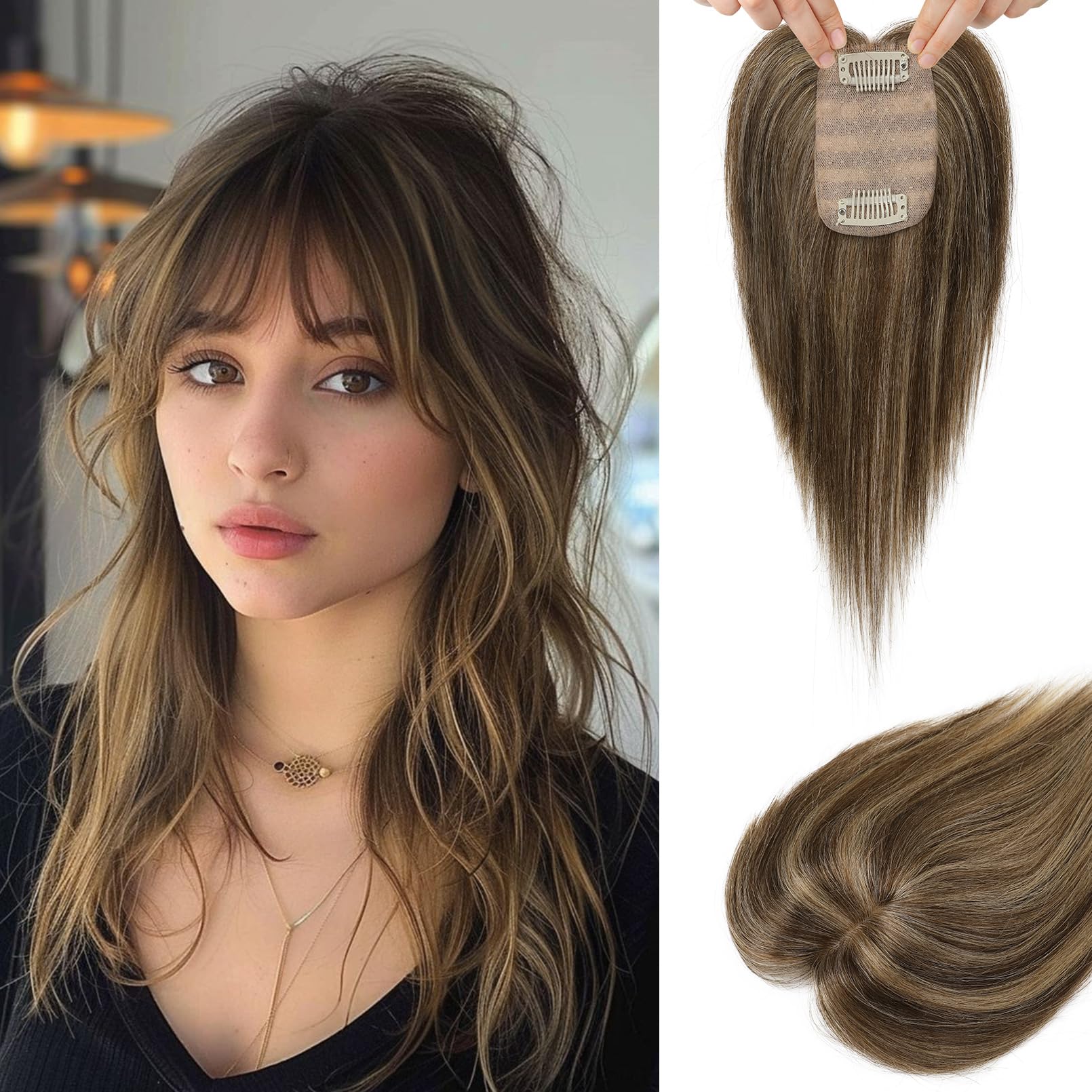 Flufymooz Real Human Hair Toppers for women 10 Inch Clip in Bangs 100% Human Hair Toppers for Thinning Hair Cover Hair Topper Hair Pieces with 150% Density Silk Base-Chocolate Brown with Blonde