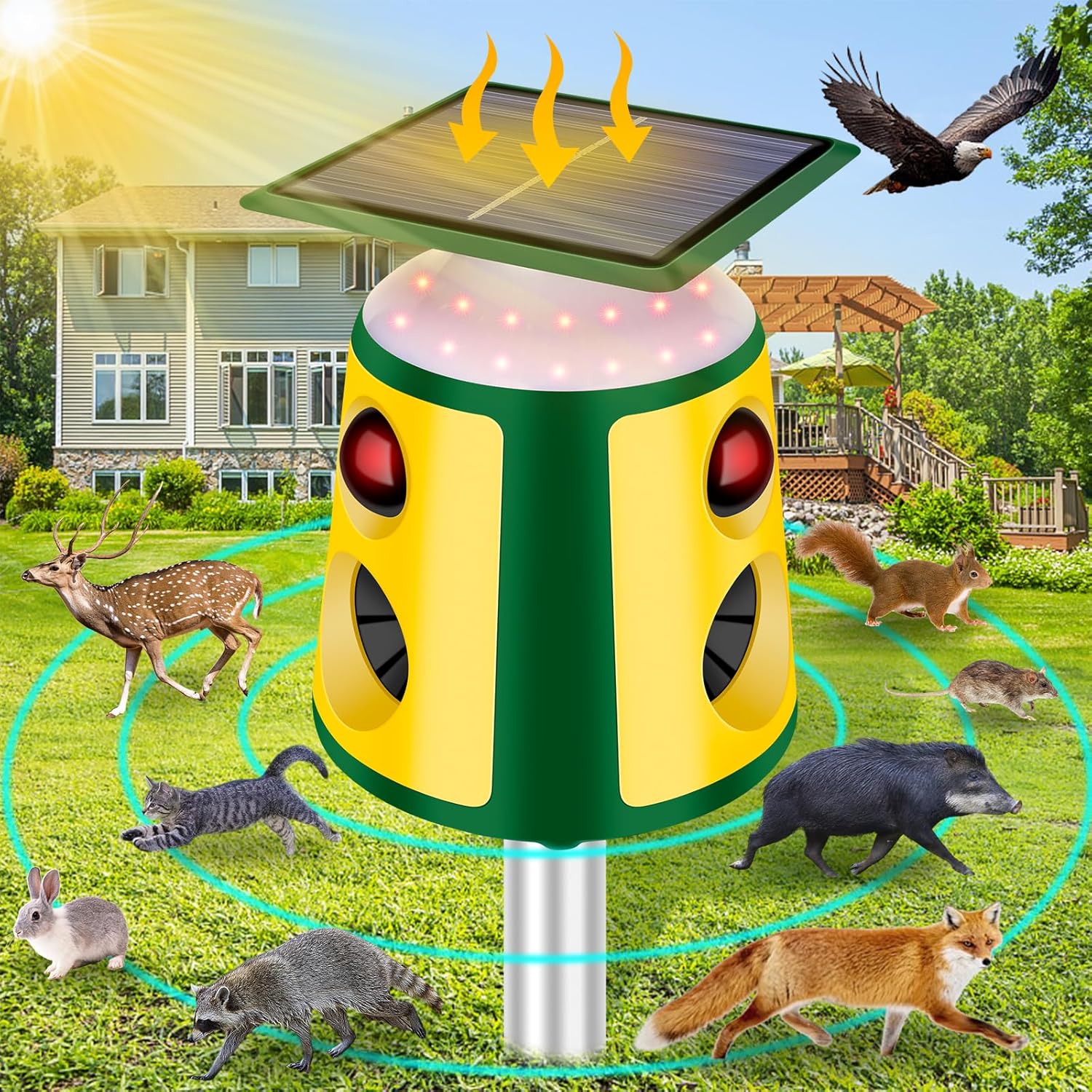 Solar Powered Deer Repellent,360° Ultrasonic Raccoon Repeller,Cat Repellent Outdoor,Squirrels Repellent with Motion Sensor & Flashing Light,Waterproof Solar Animal Repeller,Repel,Deer,Rabbit,Raccoon