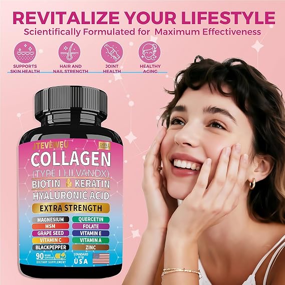 Collagen Supplement - Types I, II, III, V & X, MCG Biotin, Keratin, Hyaluronic Acid, Zinc, Grape Seed Extract, Quercetin, Vitamin A, Vitamin C, Vitamin E, Magnesium, Folic Acid(90 Capsules)