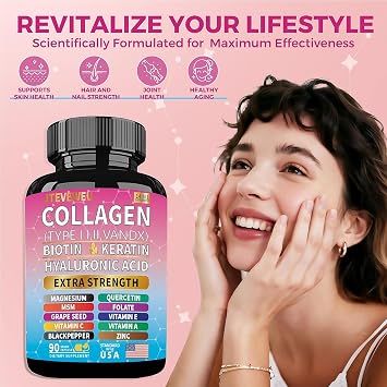 Collagen Supplement - Types I, II, III, V & X, MCG Biotin, Keratin, Hyaluronic Acid, Zinc, Grape Seed Extract, Quercetin, Vitamin A, Vitamin C, Vitamin E, Magnesium, Folic Acid(90 Capsules)