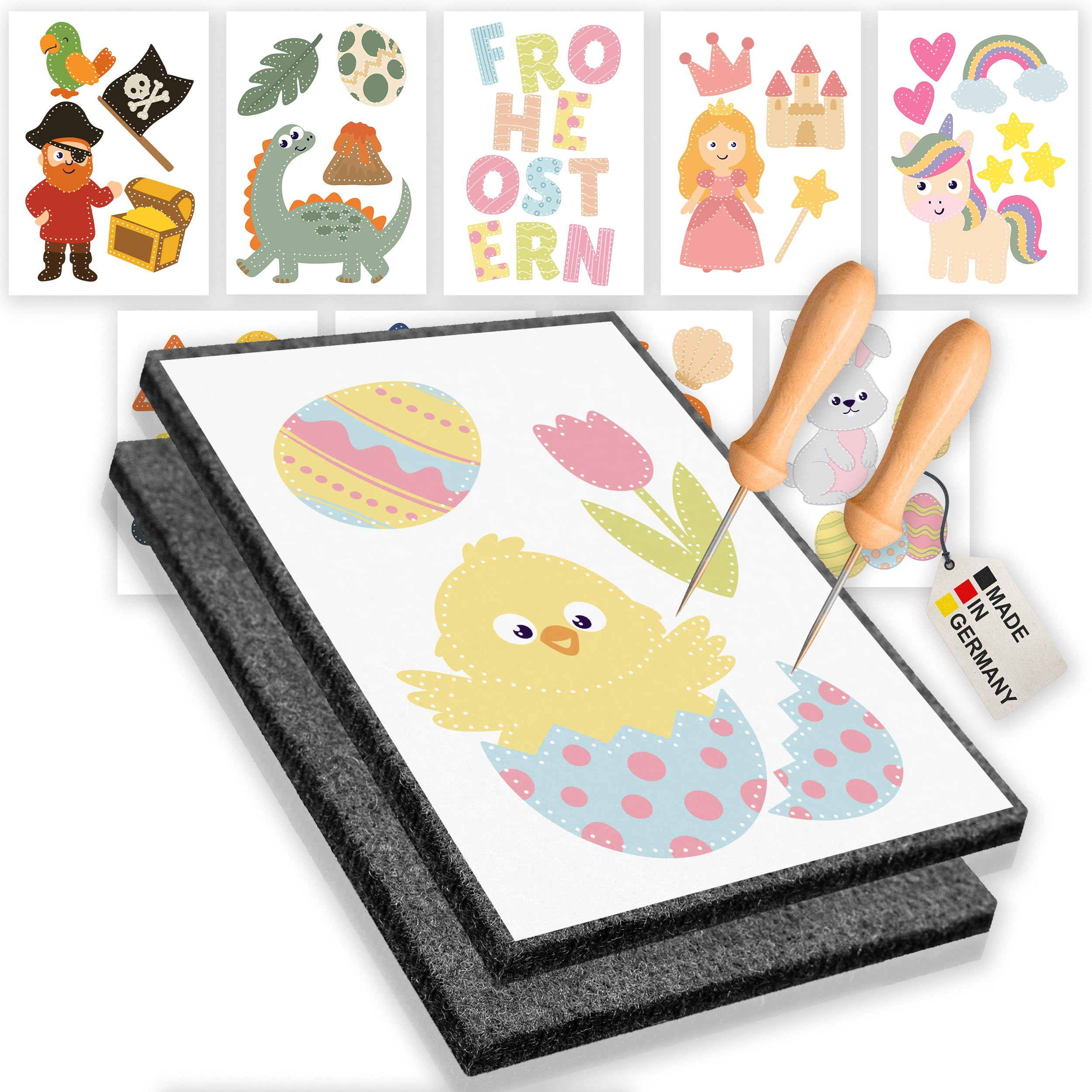 Prickelnadel Set Kinder mit 10 Vorlagen - Prickelset für Kinder - 2x Prickelnadel mit Holzgriff & 2x Prickelfilz (20cm x 15cm x 1cm) – Ergonomisch & sicher – Ideal zum Prickeln – Made in Germany
