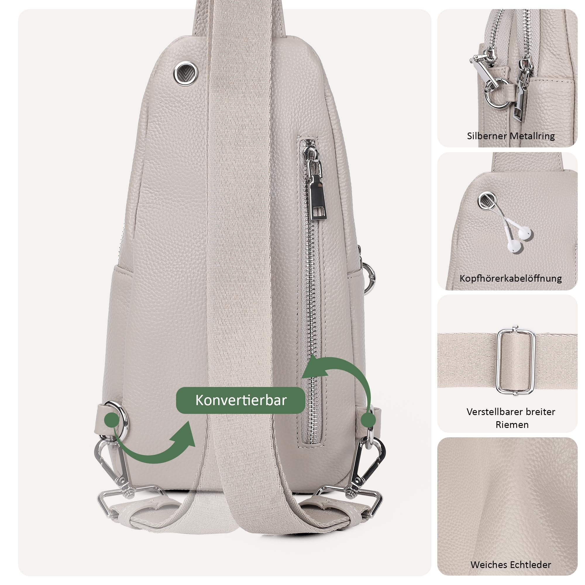 befen Echtleder Brusttasche Damen Klein, Leder Sling Bag Diebstahlsicher | Crossbody Bag Damen RFID-Blockierung Schulterrucksack Vielseitige Umhängetasche für Reisen Sport Arbeiten Einkaufen