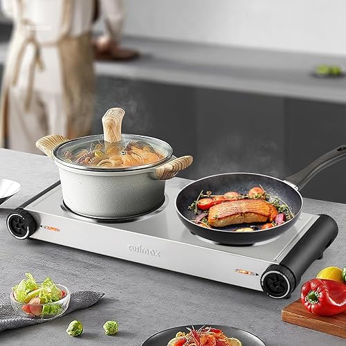 Miniatura 8 de Cusimax Estufa eléctrica portátil para cocinar con control de temperatura de potencia de 1800 W, placa caliente eléctrica doble, quemador infrarrojo