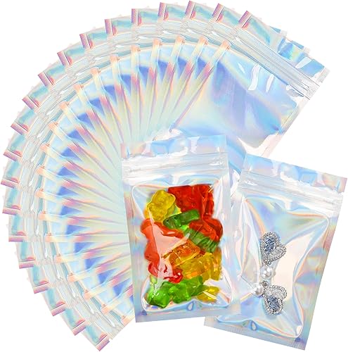 200 bolsas holográficas de Mylar con ventana transparente sellables para almacenamiento de alimentos resellables para pequeñas empresas (3 x 5