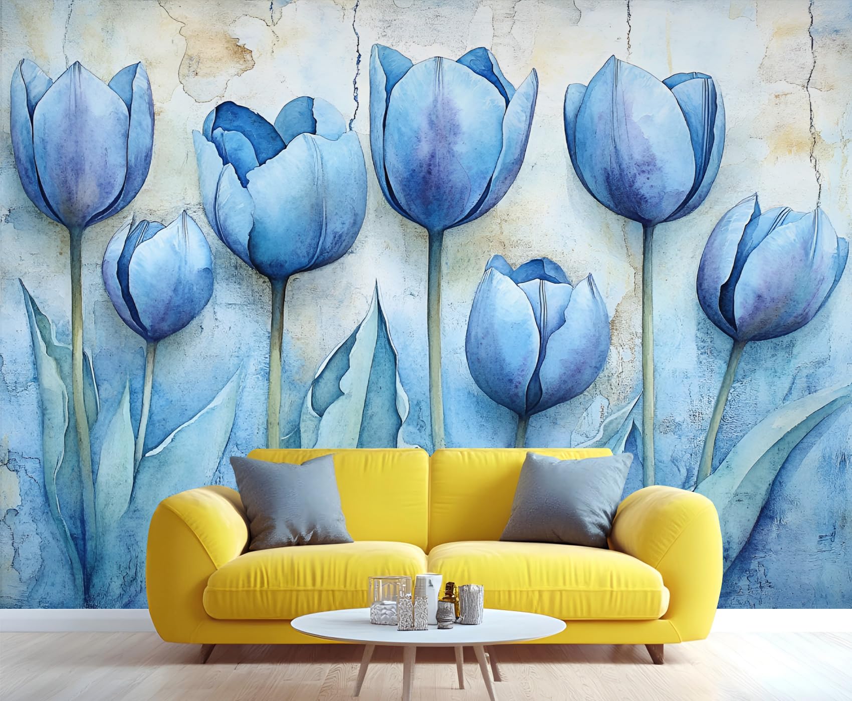 YXQAIED Lily Wallpaper, Blue Flowers Wallpapers for Living Room, Not Self Adhesive Abstract Flowers Bedroom Wallpaper, Vintage Plants Apartment Wall Murals & Room Decor, 390x260cm — image 1