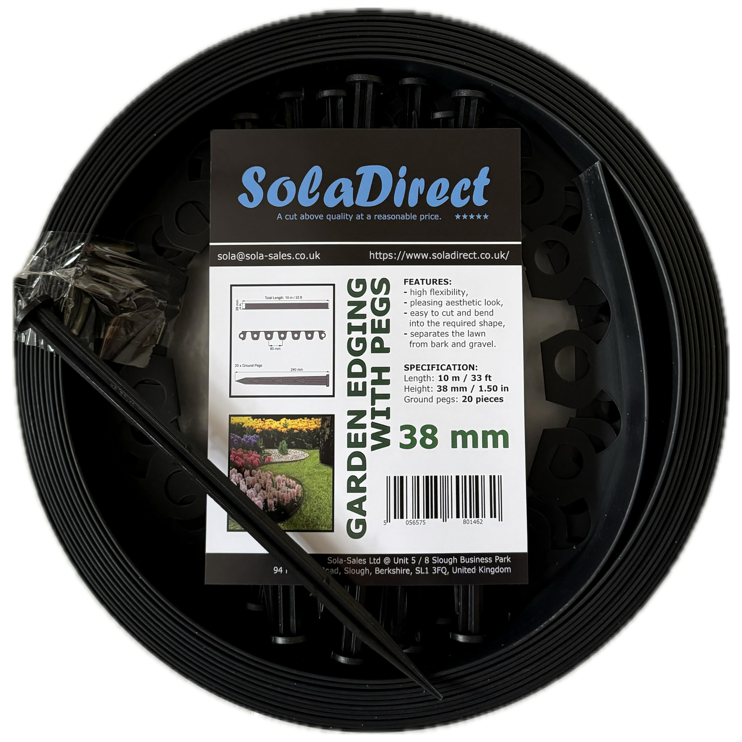 Grey Lawn Edging Border - 10 m / 33 ft Long Flexible Plastic Garden Edging & 20 Securing Pegs - Easy to Cut and Shape - Perfect for Flower Beds, Lawn, Pavement (38 mm High)