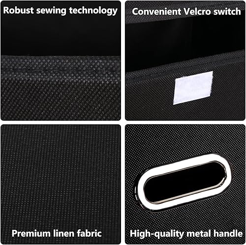 Miniatura 10 de Cubo de almacenamiento plegable de tela de lino con tapa, asas de cuero, divisor extraíble para el hogar, armario, azul oscuro, 3 unidades