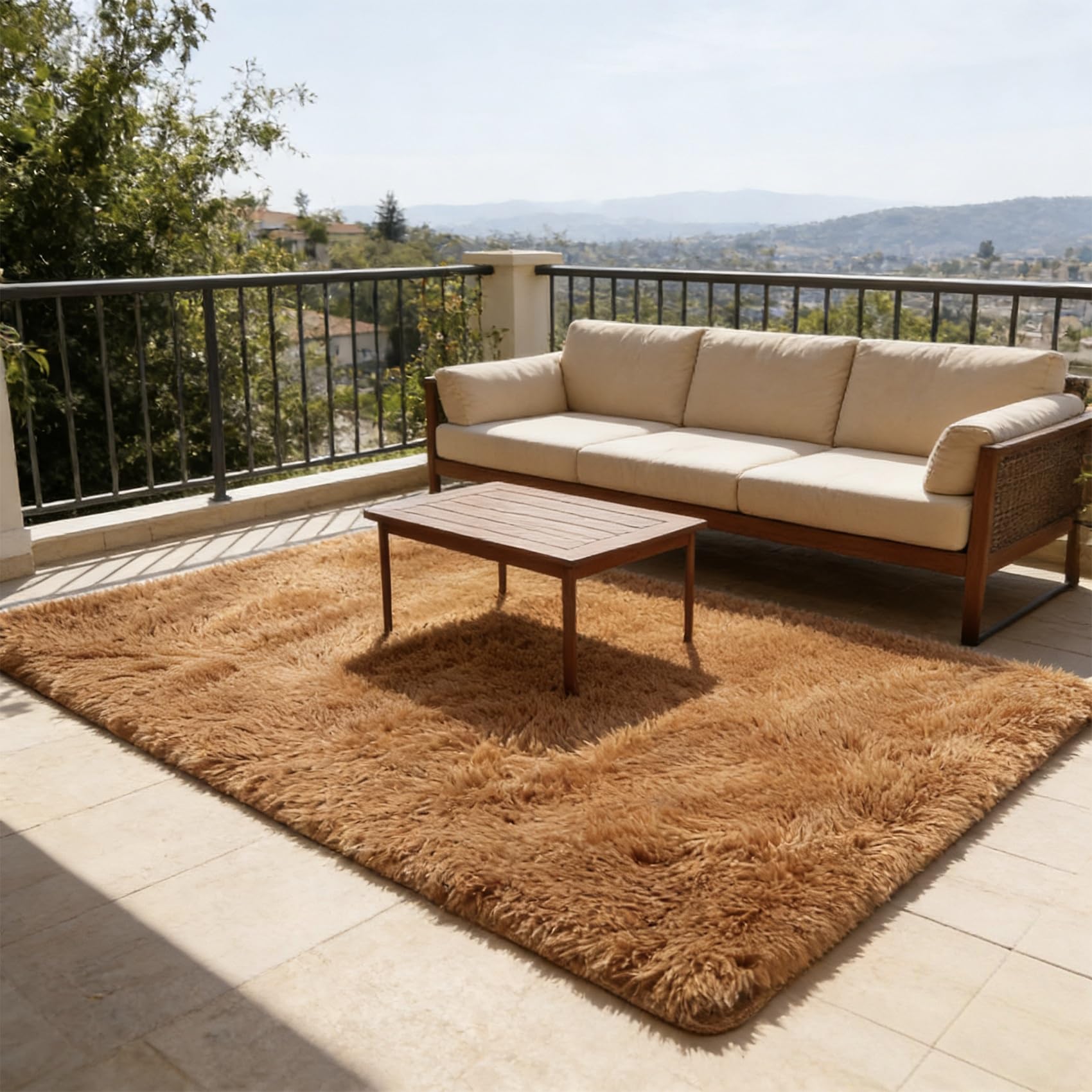 Tapis chambre 152x280 cm marron à poils longs moderne et doux