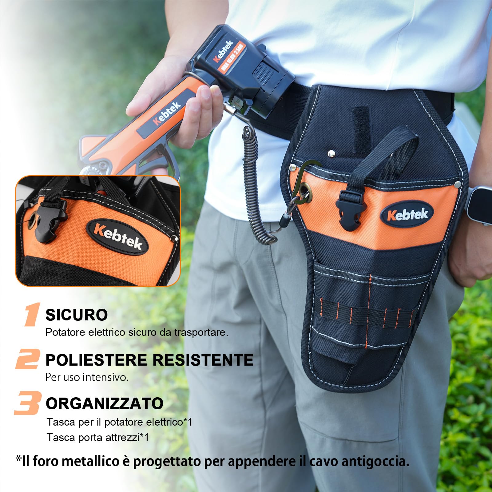 Kebtek Hand Pruner Hanging Pouch, Heavy Duty Construction Tool Belt for Electric Pruning Shear with Battery Pocket Tool Pouch - Adjusts from 33 Inches to 42 Inches (Black)