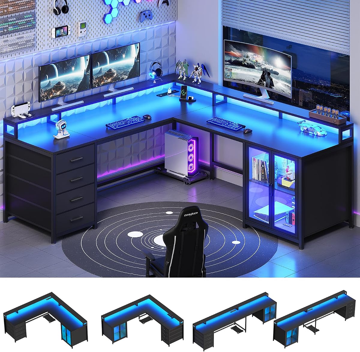 L Shaped Gaming Desk with 4 Drawers, 109” Computer Desk with Display Cabinet, Home Office Desks with 2 Monitor Stands, CPU Stand, LED Lights and Power Outlet, Black