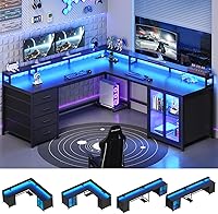 SEDETA 109" L-Shaped Gaming Desk with 4 Drawers, Display Cabinet, Dual Monitor Stands, CPU Stand, RGB LED Lights & Power Outlet - Black