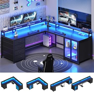 SEDETA L Shaped Gaming Desk with 4 Drawers, 109 Computer Desk with Display Cabinet, Home Office Desks with 2 Monitor Stands, CPU Stand, LED Lights and Power Outlet, Black