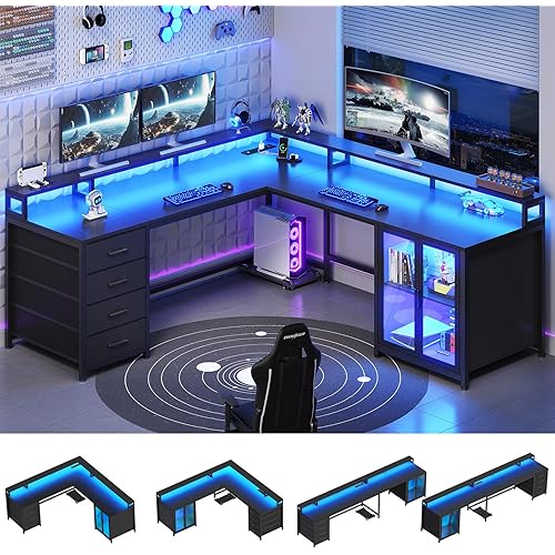 SEDETA L Shaped Gaming Desk with 4 Drawers, 109” Computer Desk with Display Cabinet, Home Office Desks with 2 Monitor Stands, CPU Stand, LED Lights and Power Outlet, Black