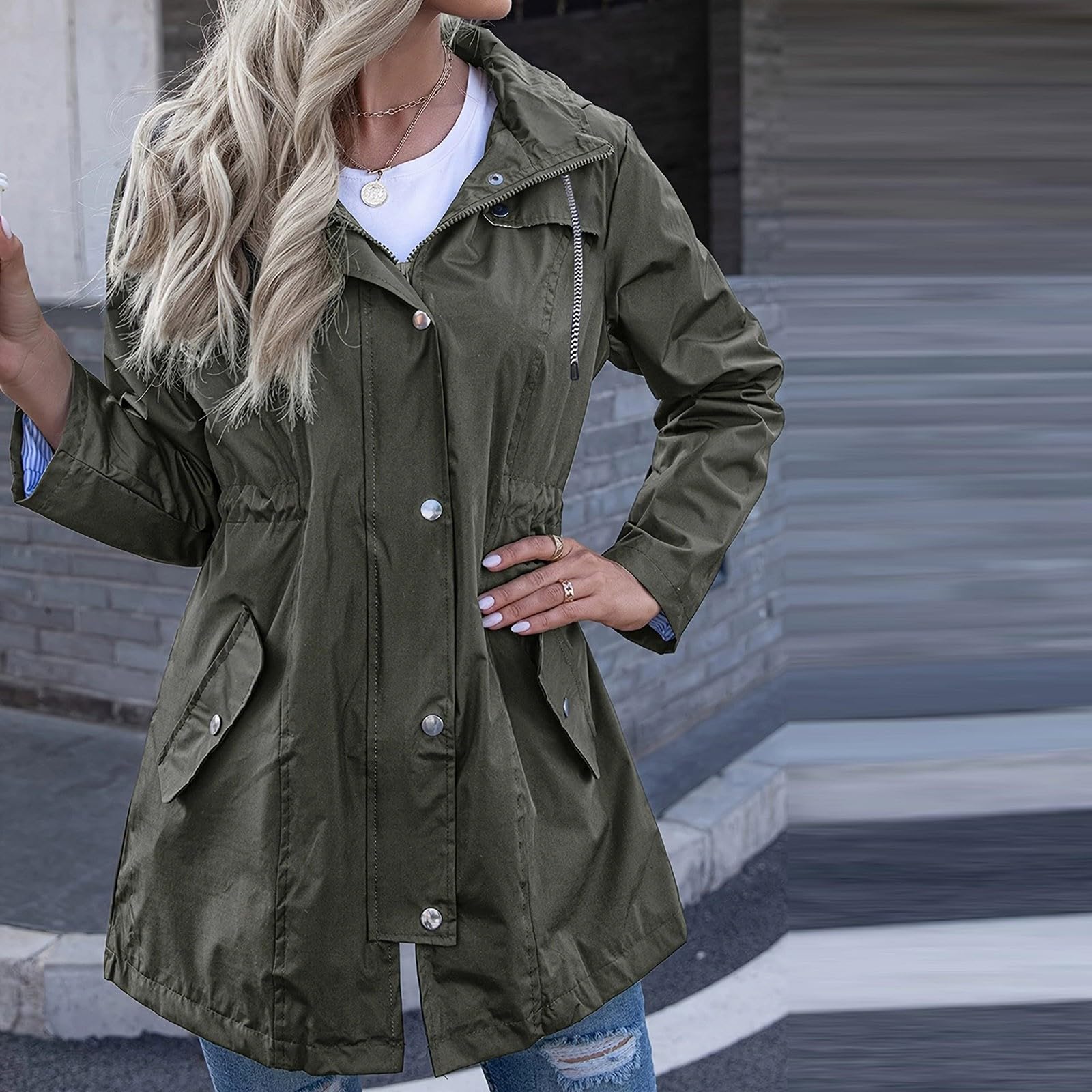 Generisch Chubasquero para mujer, resistente al agua, largo, parka de lluvia para mujer, impermeable, fina, con bolsillos, informal, cómoda, chaqueta softshell resistente al viento, chaqueta funcional