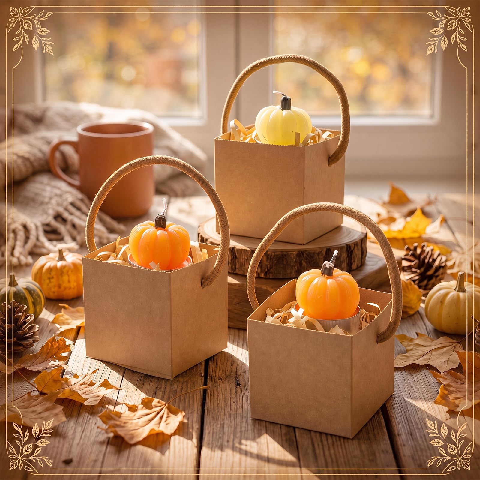MTLEE Juego de 24 velas con forma de calabaza de otoño con bolsas de papel kraft y relleno de rafia, vela de cera de soja y calabaza naranja, regalo de Acción de Gracias, Halloween, para mujeres