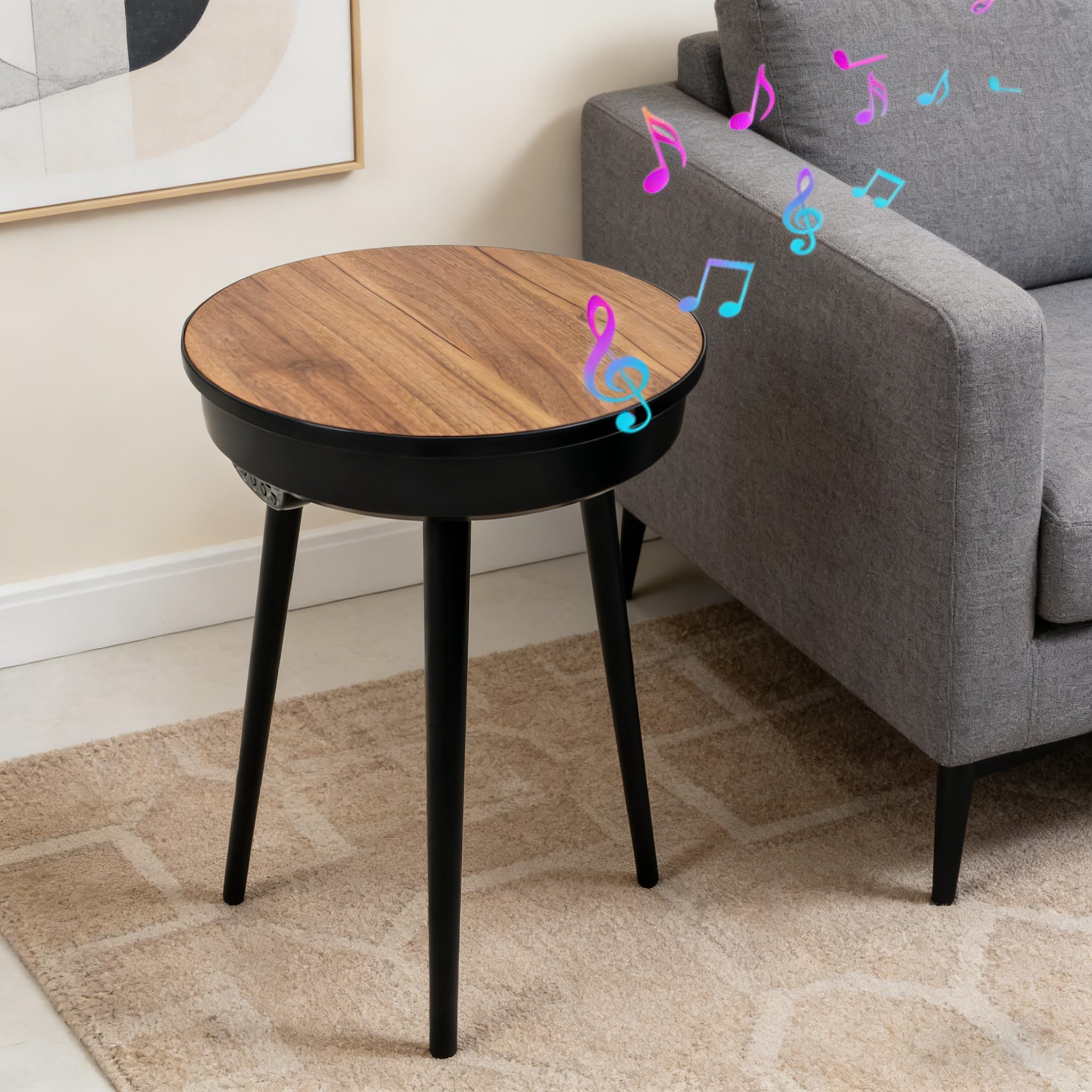 FATIVO Smart Nightstand USB Bluetooth Speaker with Wireless Charging HiFi Surround Sound Subwoofer, Portable Wireless Speaker Round Side Table for Home, Outdoor Party, Camping & RV Travel, Retro Wood